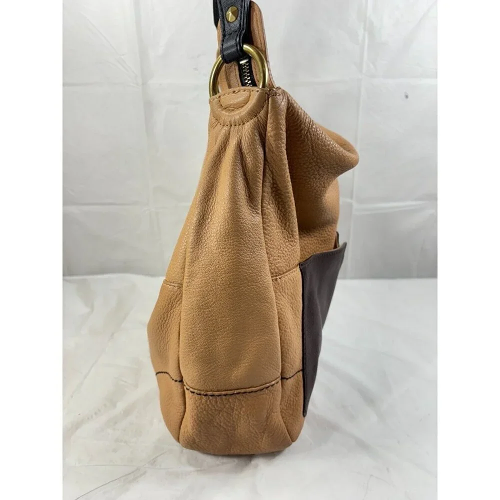 Oryany Adele Colorblock Tan & Brown Pebbled Leather Hobo Shoulder Handbag